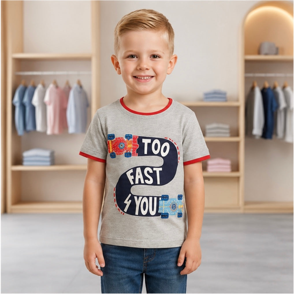 Kids' Racing Graphic T-Shirt – "Too Fast 4 You" Grey Tee