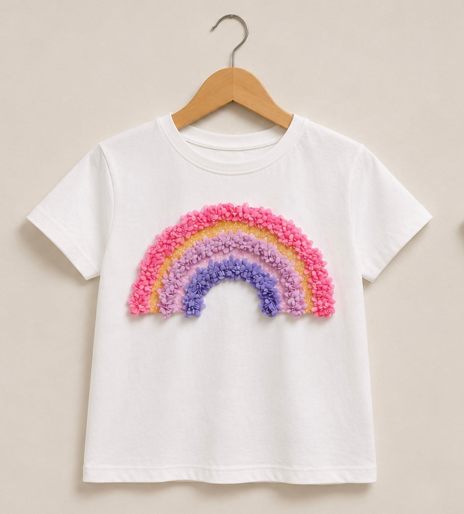 Girls' Pastel Rainbow Ruffle Graphic T-Shirt – White Tee
