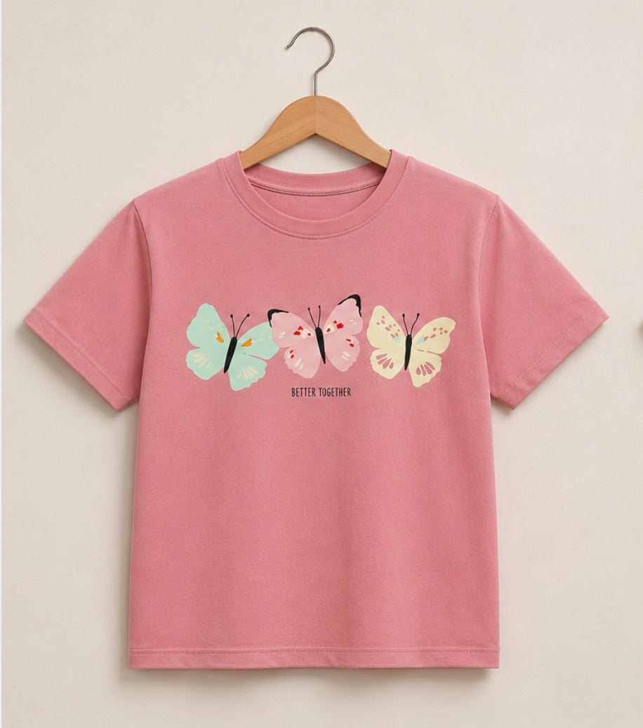 Girls' Butterfly Graphic T-Shirt – "Better Together" Peach Pink Tee