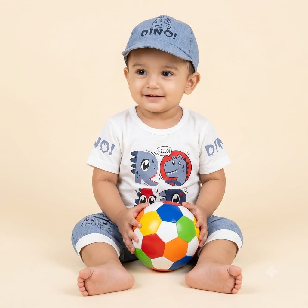 Toddler Boys' 3-Piece Dinosaur Print T-Shirt, Denim Shorts, and Cap Set