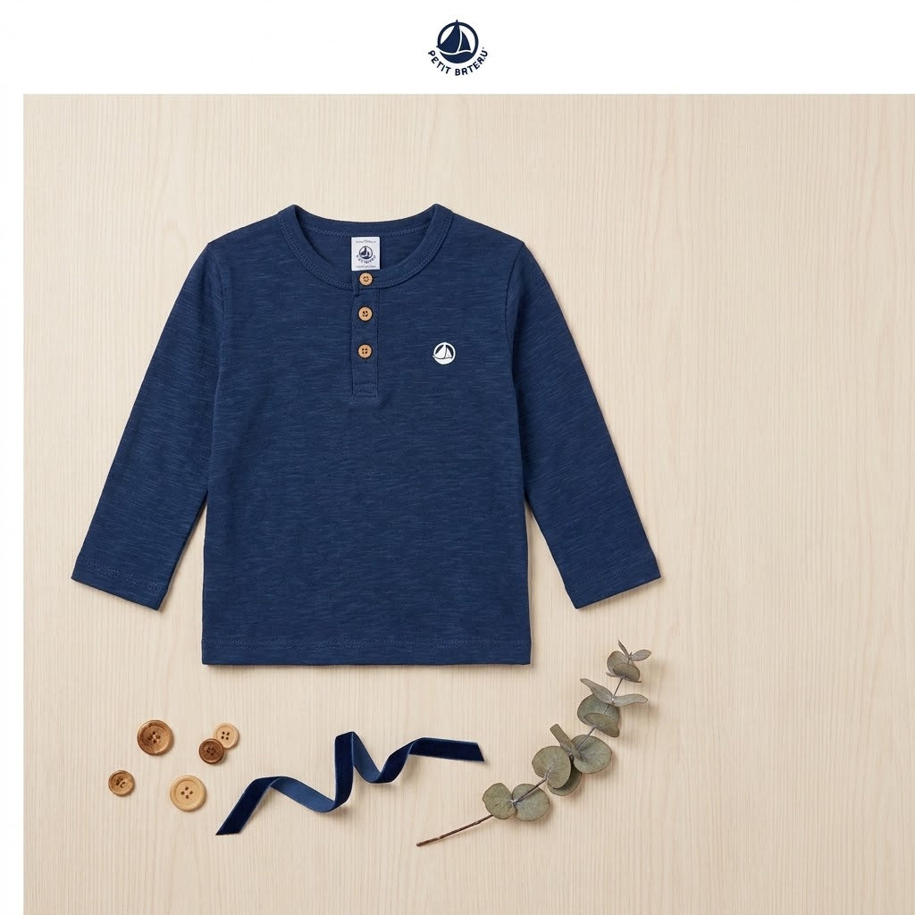 Boys Classic Dark Blue Henley Long Sleeve T-Shirt