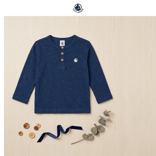 Boys Classic Dark Blue Henley Long Sleeve T-Shirt
