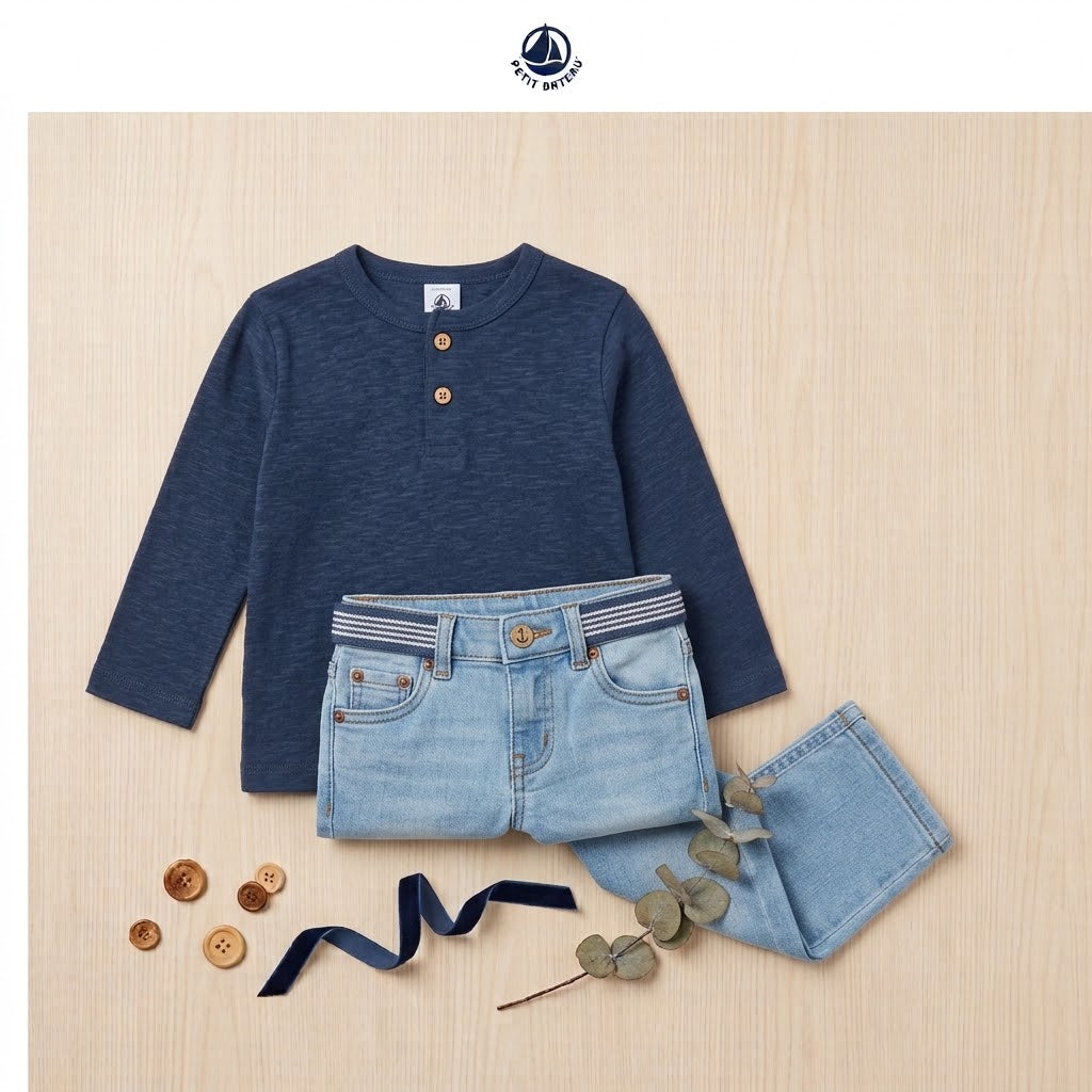 Boys Classic Dark Blue Henley Long Sleeve T-Shirt